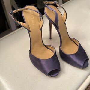 La Perla Stiletto Slingback Peep-toe Mules - Plum Purple Satin - Size 39